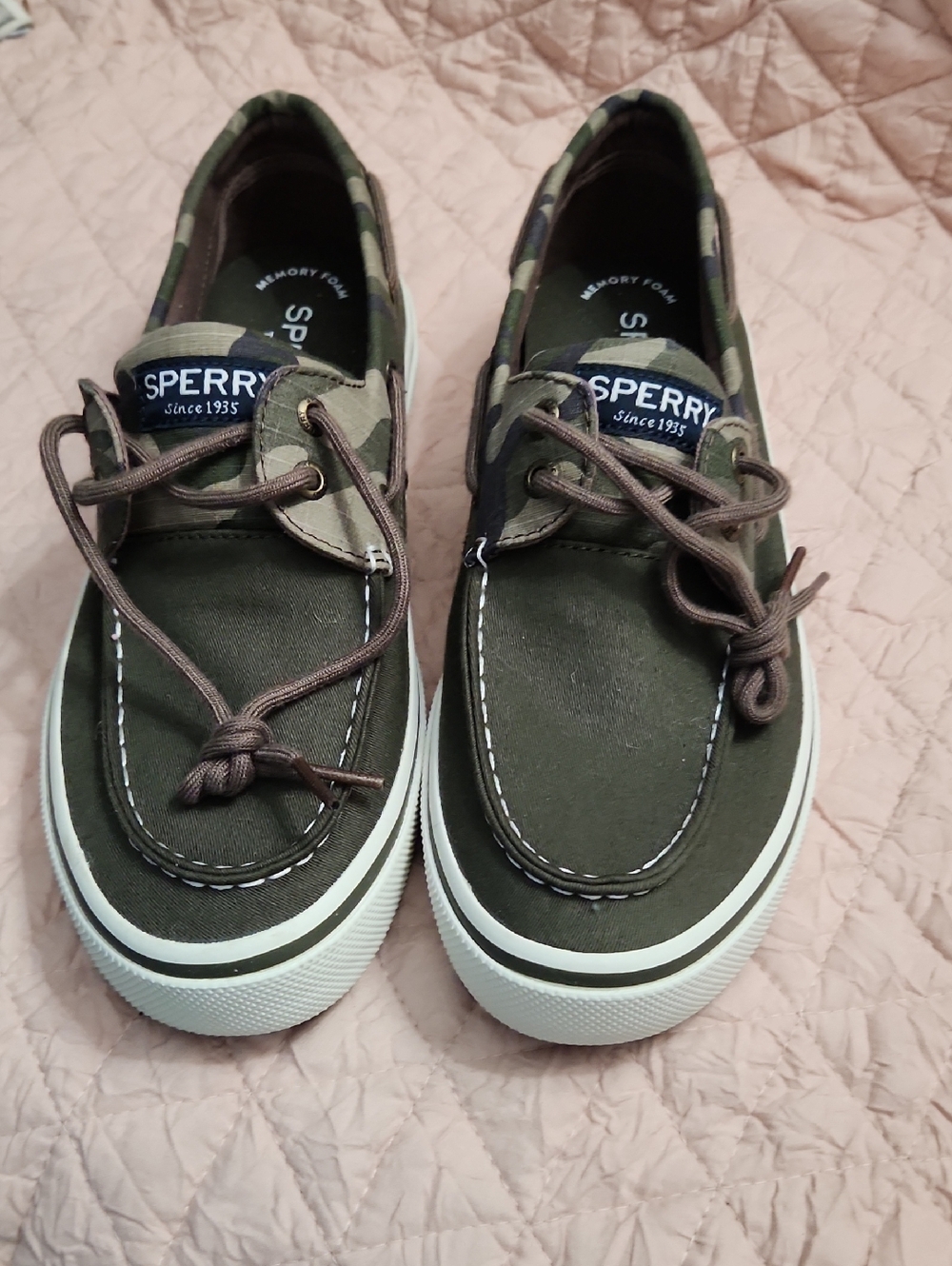 Sperry Olive Green Canvas Boat Shoes with White Sole